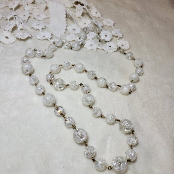 🎀1970s Vintage Icy Clear Art Deco Rock Crystal Crackled Beaded 18" Necklace - Picture 7 of 10